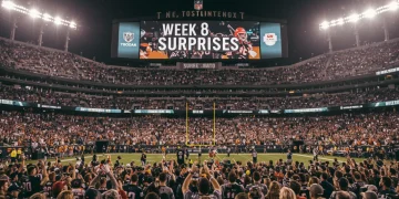 Dynamic shot of an NFL stadium with a scoreboard showing 'Week 8 Surprises' for the 2025 season.