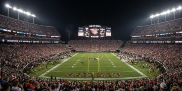 Electrifying NFL stadium scene with an underdog team celebrating a surprise victory.