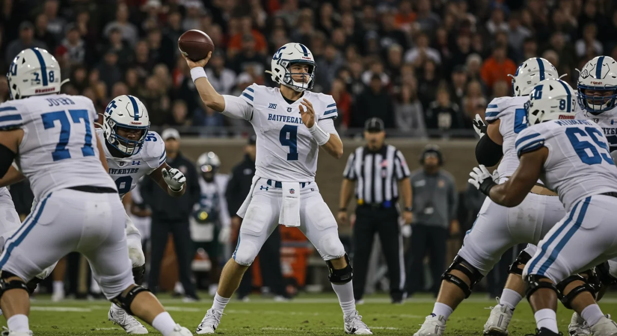 Quarterback making a game-winning pass under pressure in the fourth quarter.