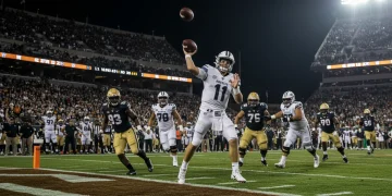 Quarterback throwing touchdown in red zone