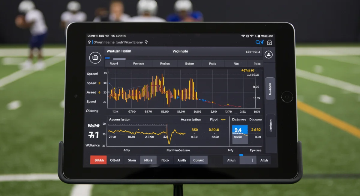 Tablet displaying real-time high school football player tracking data
