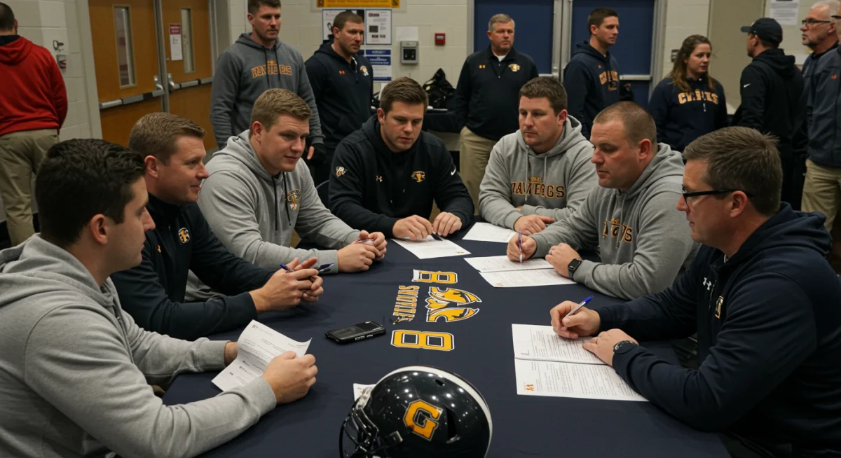 High school football recruit and parents discussing scholarship offers with college coaches