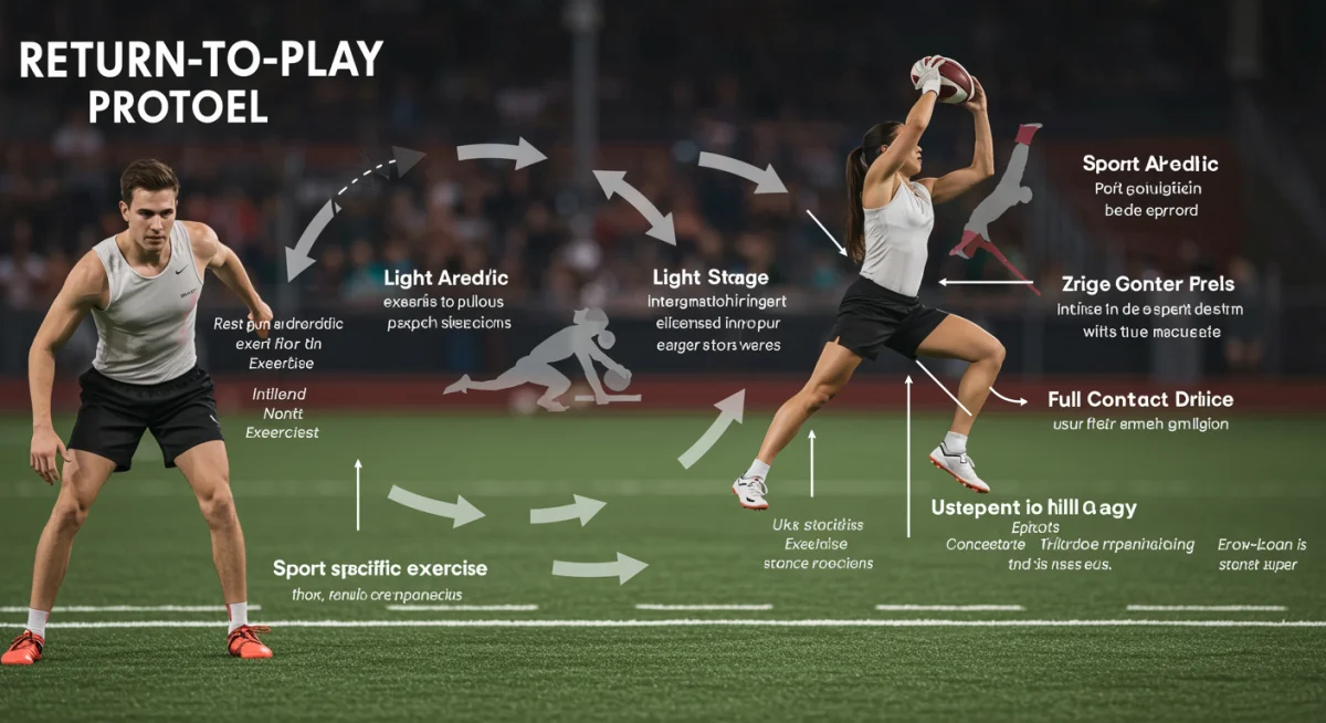 Infographic showing the multi-stage concussion return-to-play protocol for athletes