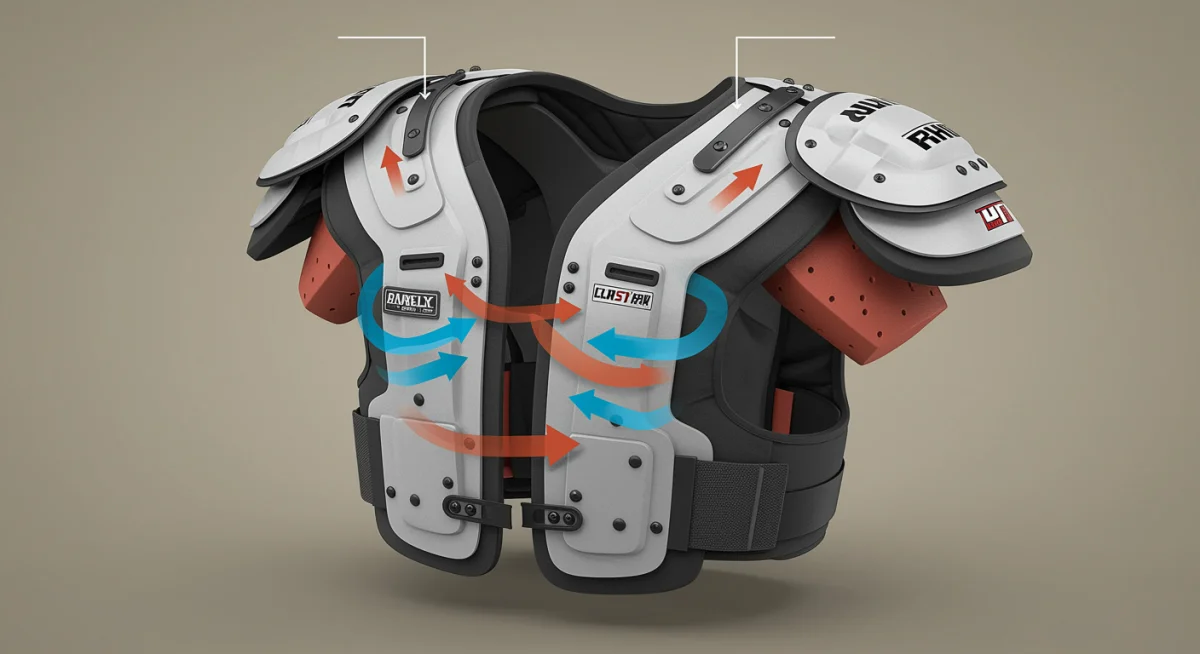 Cutaway view of football shoulder pad internal protection layers