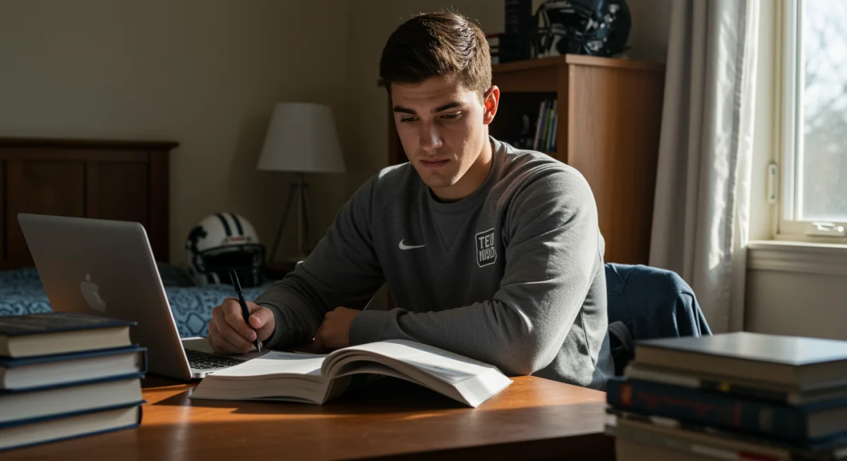 Student athlete balancing academics and football, studying with textbooks and laptop.