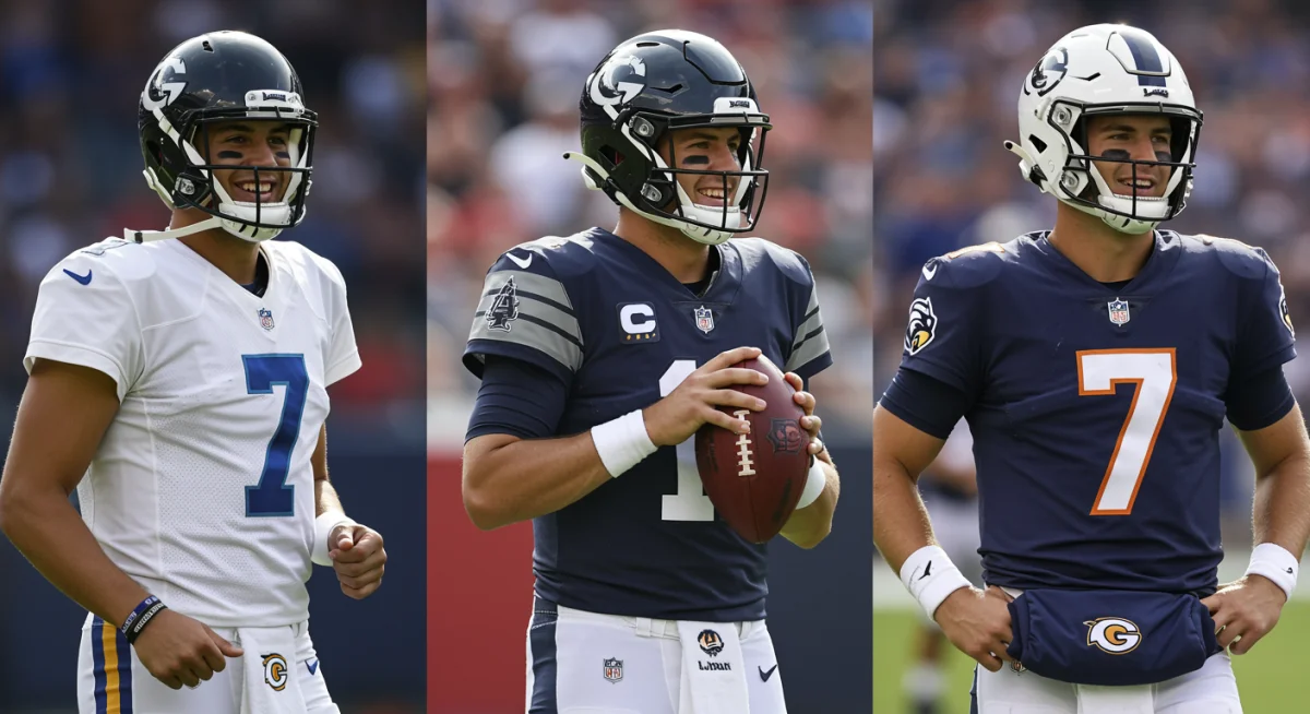 Three standout rookie quarterbacks posing together on a football field