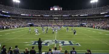 USFL 2025 football game action shot with players and cheering fans