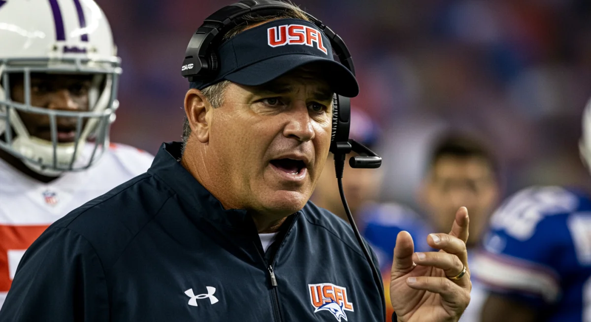 Close-up of a USFL coach under pressure, intensely focused during a crucial game moment, highlighting the mental demands of the job.