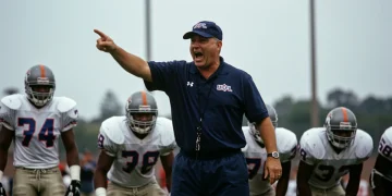 USFL coach strategizing on field with players, symbolizing new tactics for 2025 season.