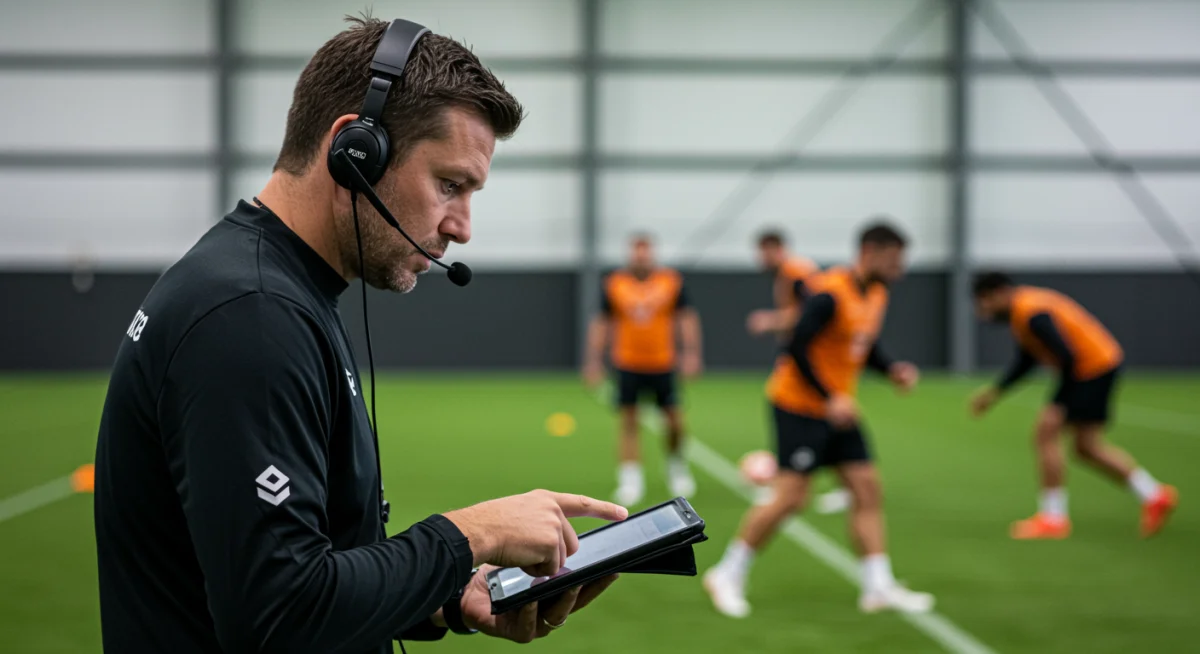 USFL coach strategizing with a tablet during practice, adapting to new rules.