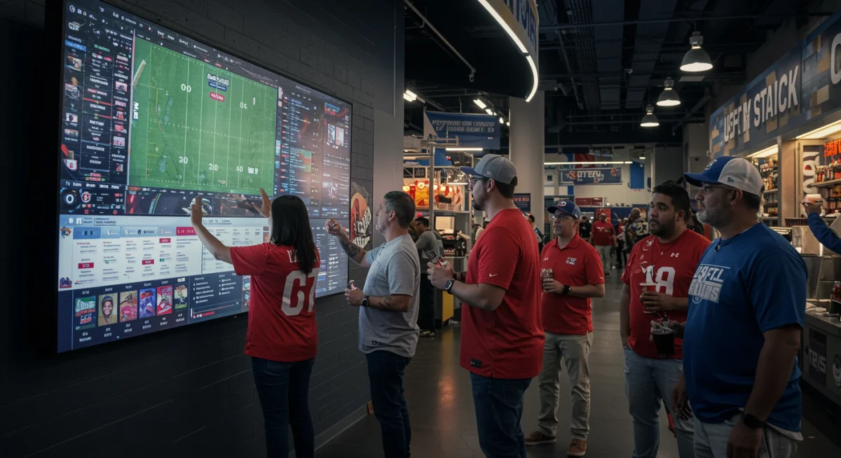 Fans interacting with digital stadium display, concourse, food vendors