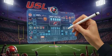 Digital fantasy football draft board with USFL team logos and player profiles, highlighting strategic player selection.