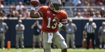 Dynamic USFL player in action, demonstrating strength and skill on the field.