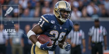 USFL football player in action with medical graphic overlay