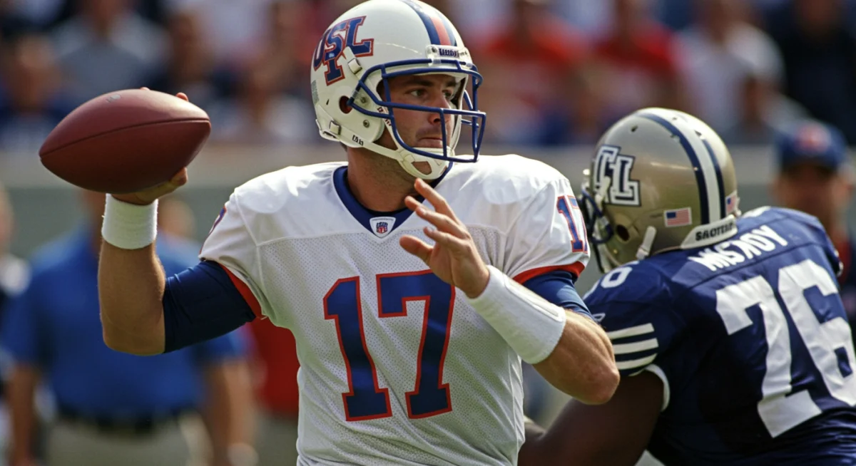 USFL quarterback delivering a pass under pressure, embodying a potential future star.