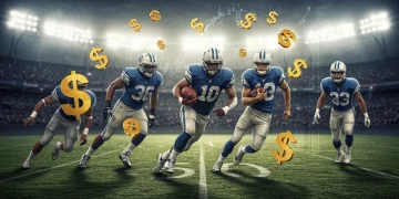 USFL football players on field with financial overlays, representing salary impact