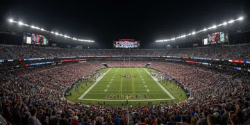 Packed USFL stadium at night, fans cheering, bright lights, modern architecture