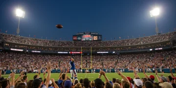 USFL stadium filled with enthusiastic fans under bright lights during a night game, signifying league growth.