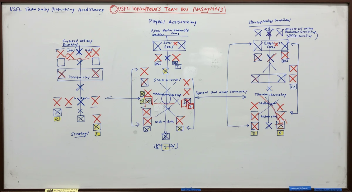 Tactical whiteboard showing USFL team strategy with injured player impact