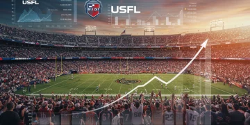 USFL stadium with enthusiastic fans and digital financial growth projections