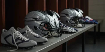 Well-maintained football gear including helmet, pads, and cleats on a bench