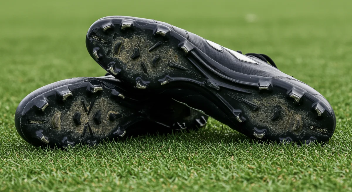 Worn football cleats with damaged soles, indicating the need for replacement before the season.
