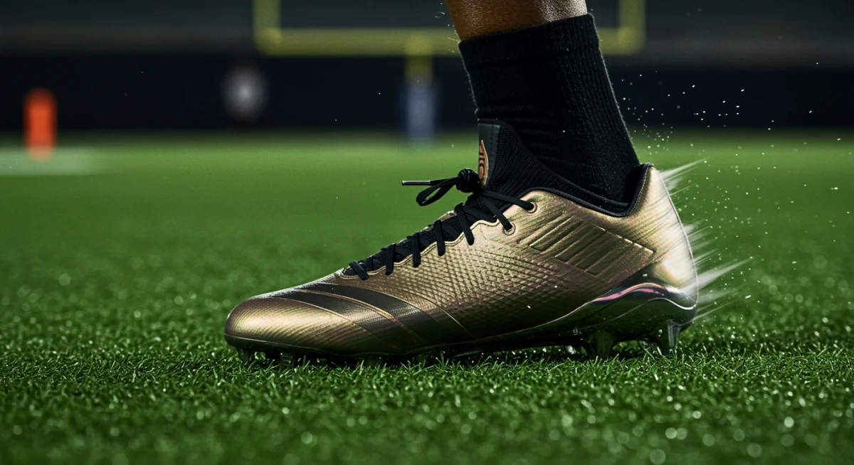 Athlete demonstrating agility in advanced football cleats on turf
