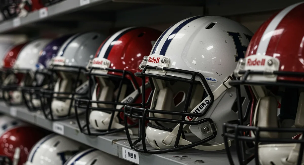 Collection of football helmets in equipment room, new and old