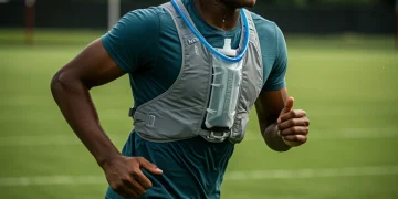 Football player wearing advanced ergonomic hydration vest on field