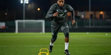 Football player in advanced moisture-wicking training apparel on a green field