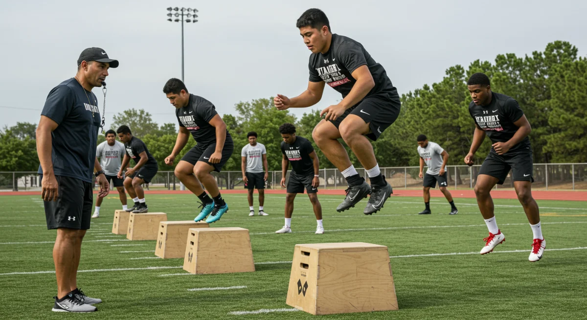 High school football players performing plyometric box jumps