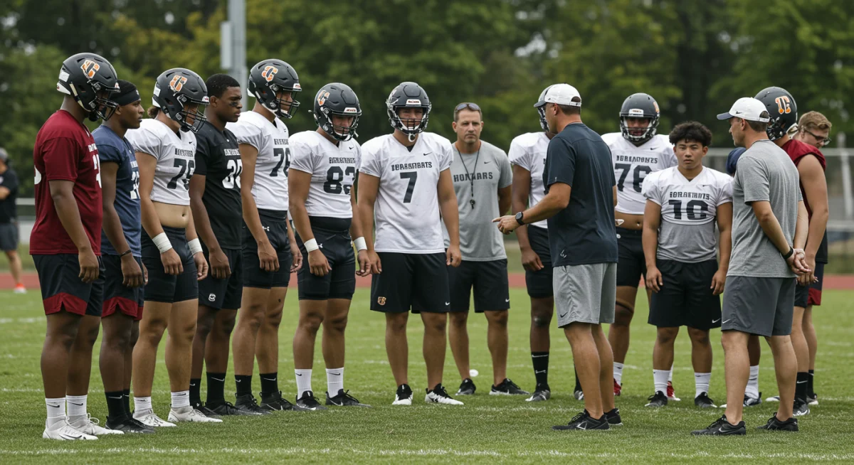 High school football players listening to coach at recruiting camp.