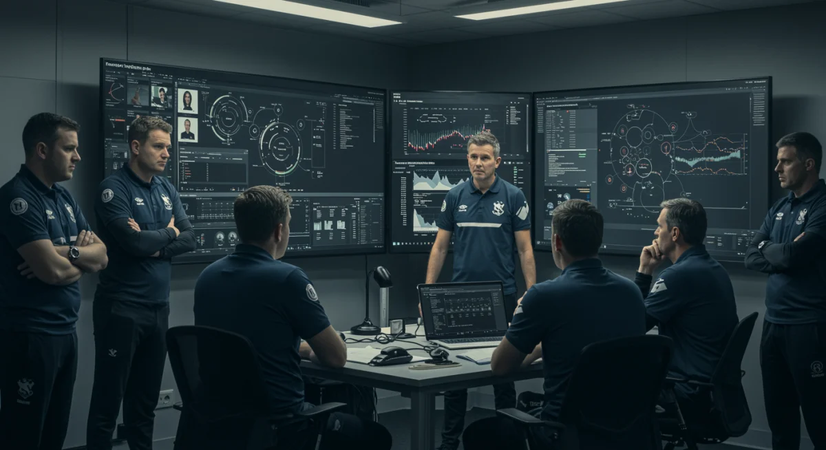 Football scouts analyzing advanced player data and metrics on a large screen