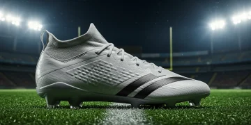 Futuristic football cleat design on green soccer field