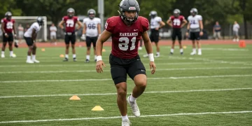High school football player performing dynamic warm-up drill
