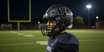 High school football player in new safety helmet on field