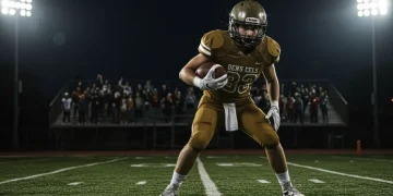 Dynamic high school football player on field, symbolizing recruiting aspirations.