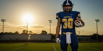 High school football player on field, aiming for college scholarship