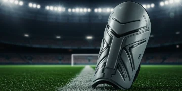 Modern lightweight football shin guard with advanced padding on a blurred football field.