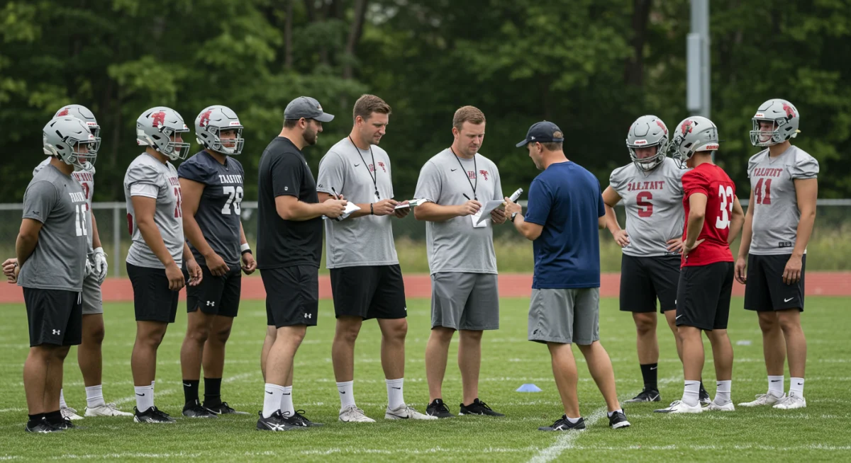 College recruiters evaluating high school football talent at a spring camp