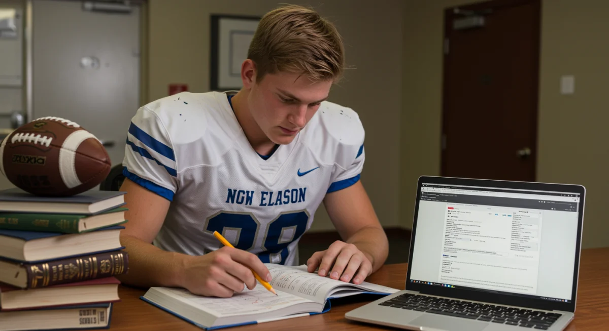 Student athlete balancing football playbook with academic studies