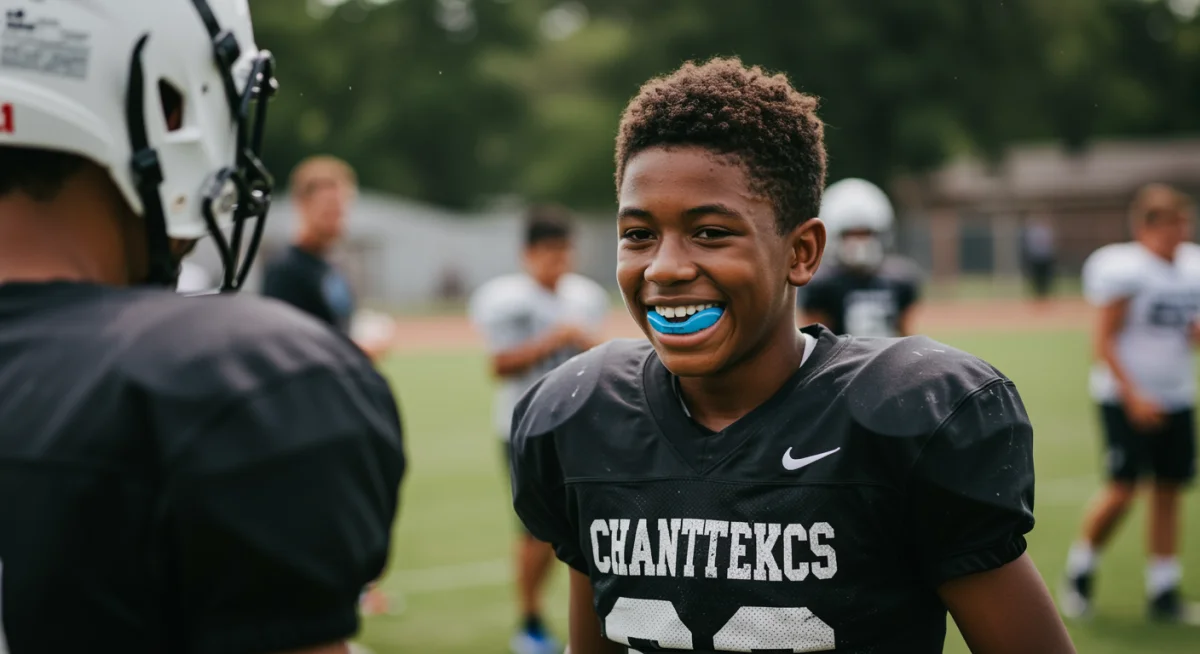 Young football player wearing a comfortable and protective mouthguard during practice.