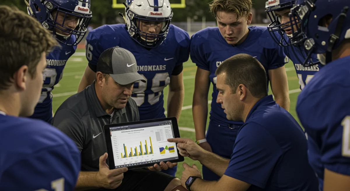 Football coach using data analytics on a tablet with players to discuss performance metrics.