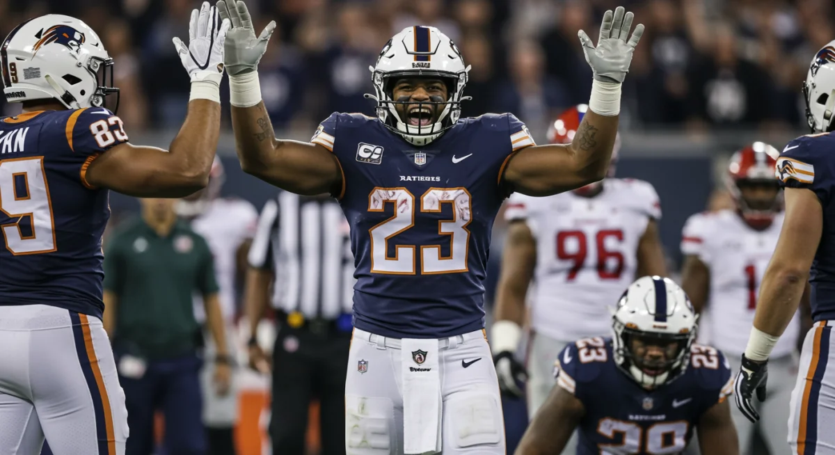 Defensive lineman celebrating a crucial sack with teammates, showing team spirit.