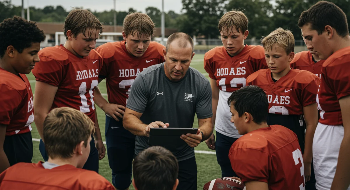 Young football players and coach reviewing game footage on tablet.