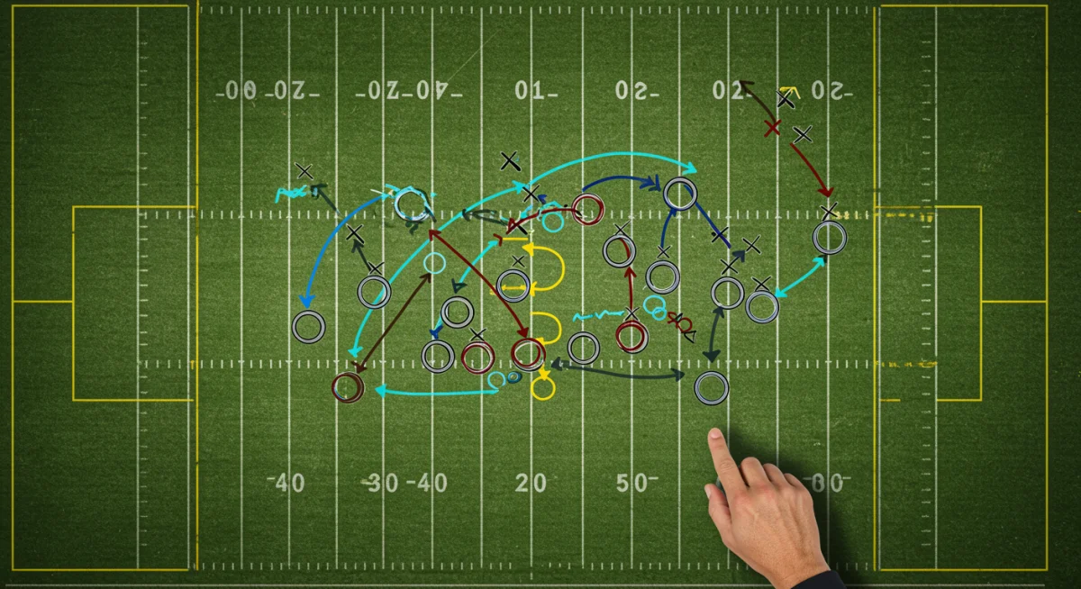 Tactical football play diagram showing a complex offensive strategy.