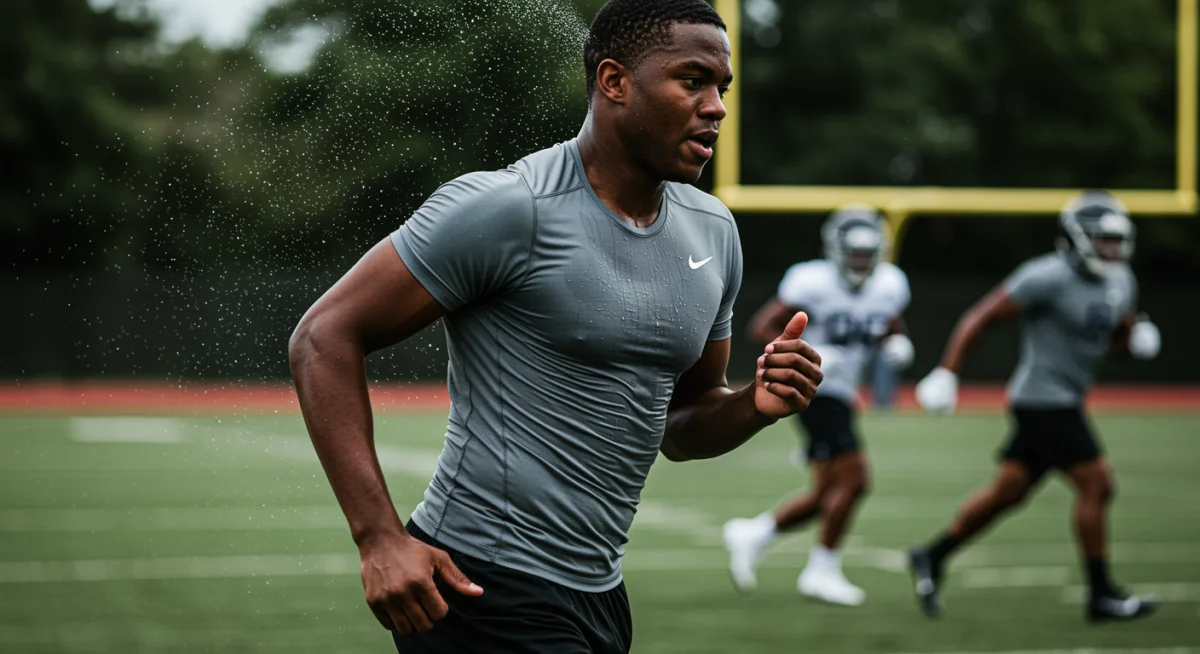 Football player demonstrating advanced moisture-wicking apparel during play