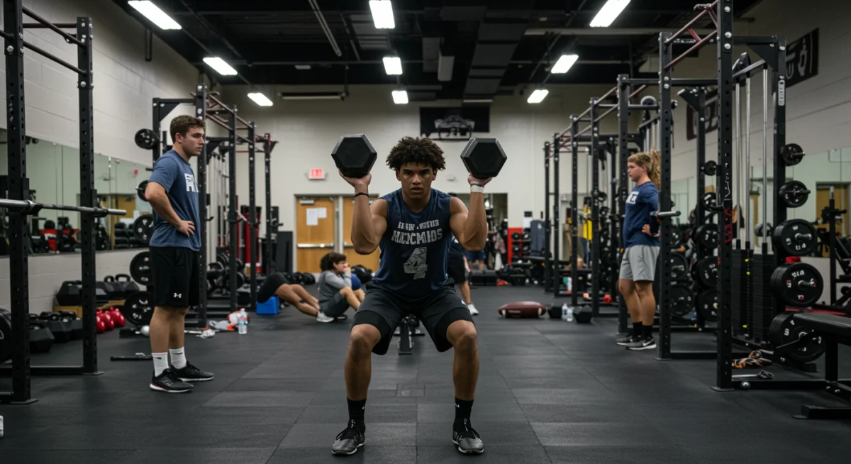 High school football players engaged in rigorous strength and conditioning training in a modern weight room.