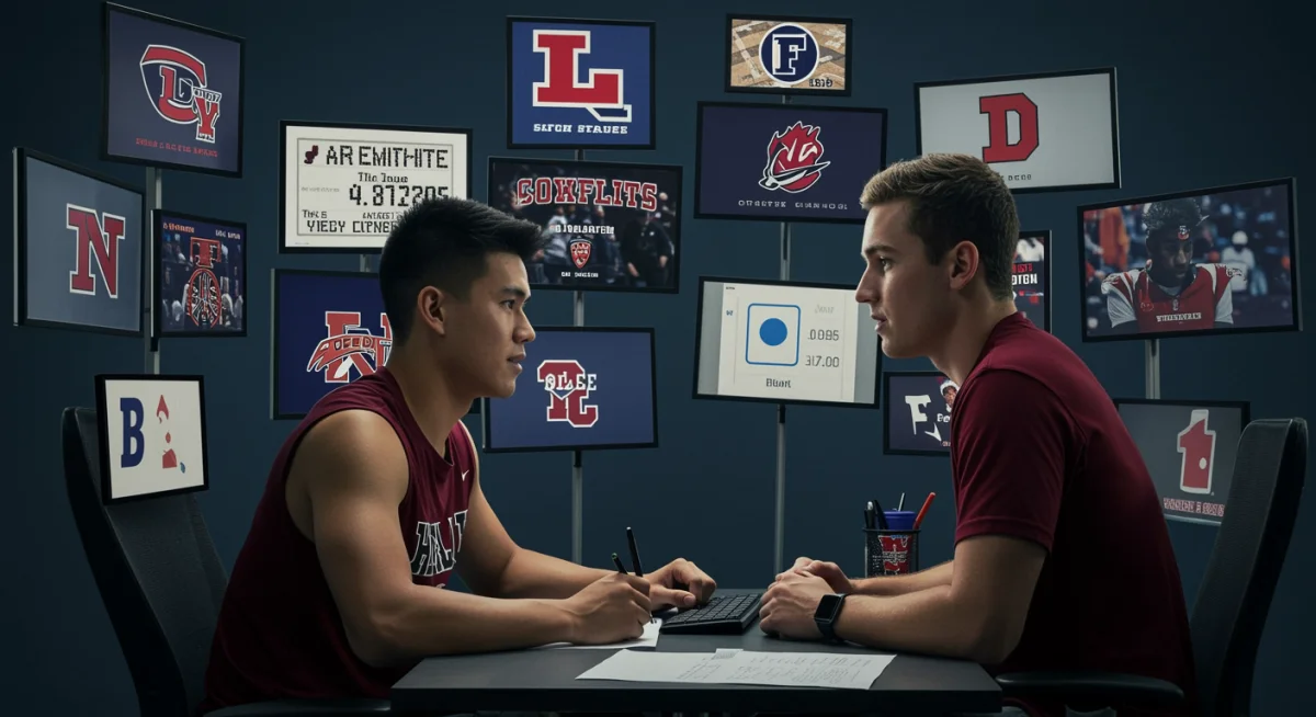 Student-athlete evaluating college options, NIL deals, and academic paths on multiple screens.