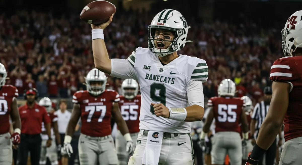 Quarterback celebrating a game-winning touchdown pass with teammates.